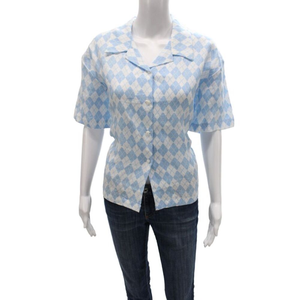 Holiday Womens Light Blue Linen Argyle Button Up Blouse Short Sleeve Size L